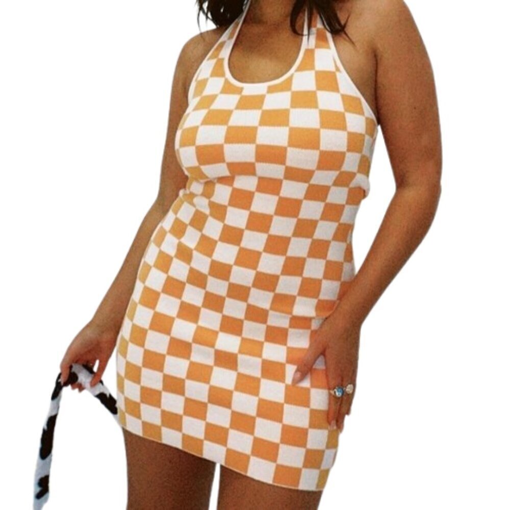 Women's XS/S Princess Polly Orange Checkmate Print Halter Bodycon Knit Mini